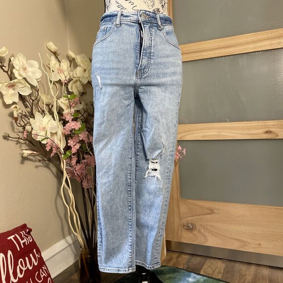 Express Super High Rise Mom Jeans Skinny Jeans Size 2R Distressed Light Wash - Picture 1 of 11
